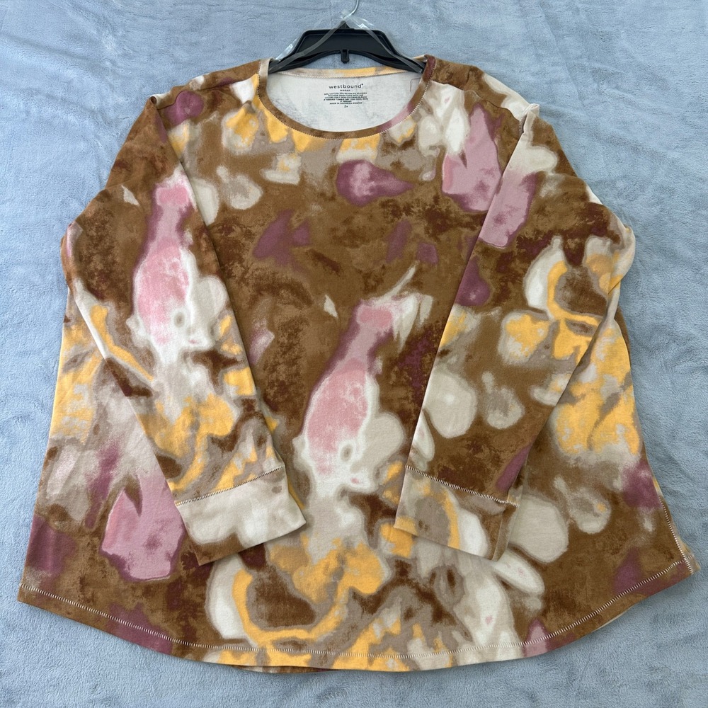 NWT Westbound Woman 2X Top Brown Pink Yellow Abstract Tie Dye Long Sleeve Ribbed